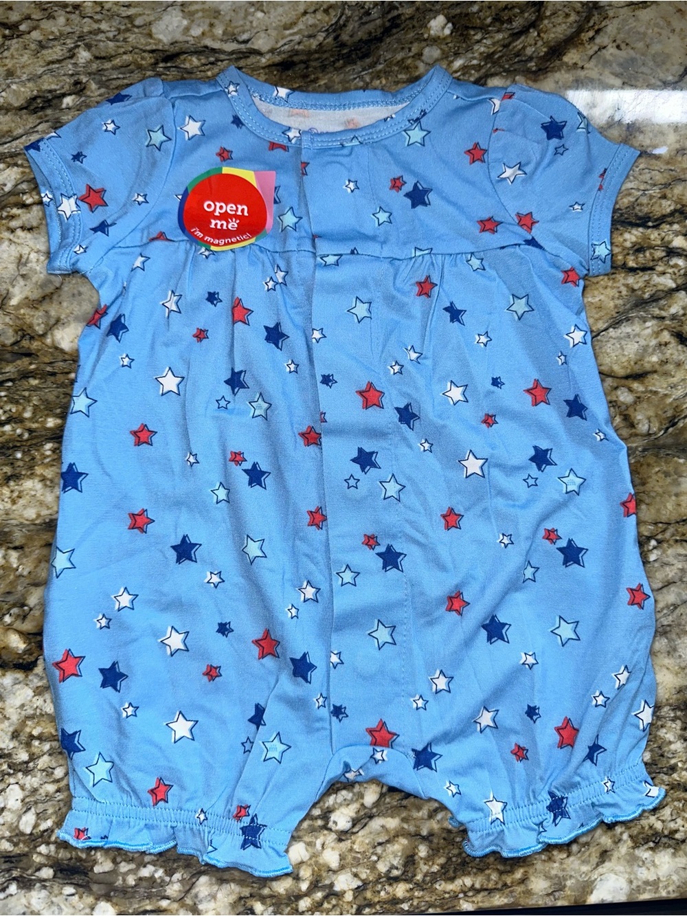 Magnetic Me Light Blue Romper with Red and Navy Stars